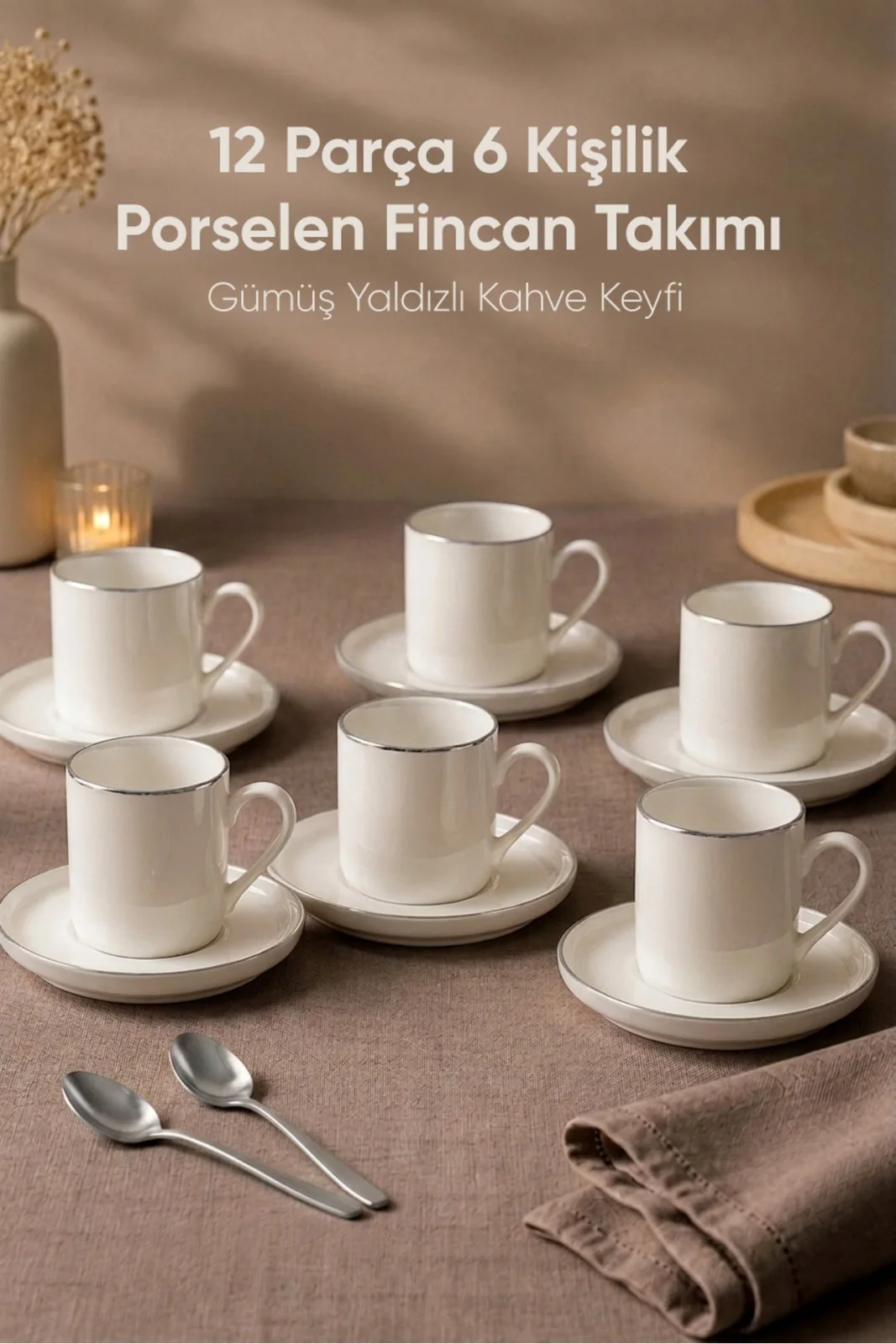Porselen 6 Kişilik Kahve Fincan Takımı 12 Parça Sade Seti