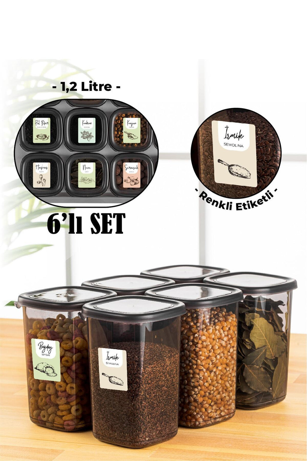 Renkli Etiketli 6lı 1,2 Litre Peggy Kare Erzak Saklama Kabı Antrasit
