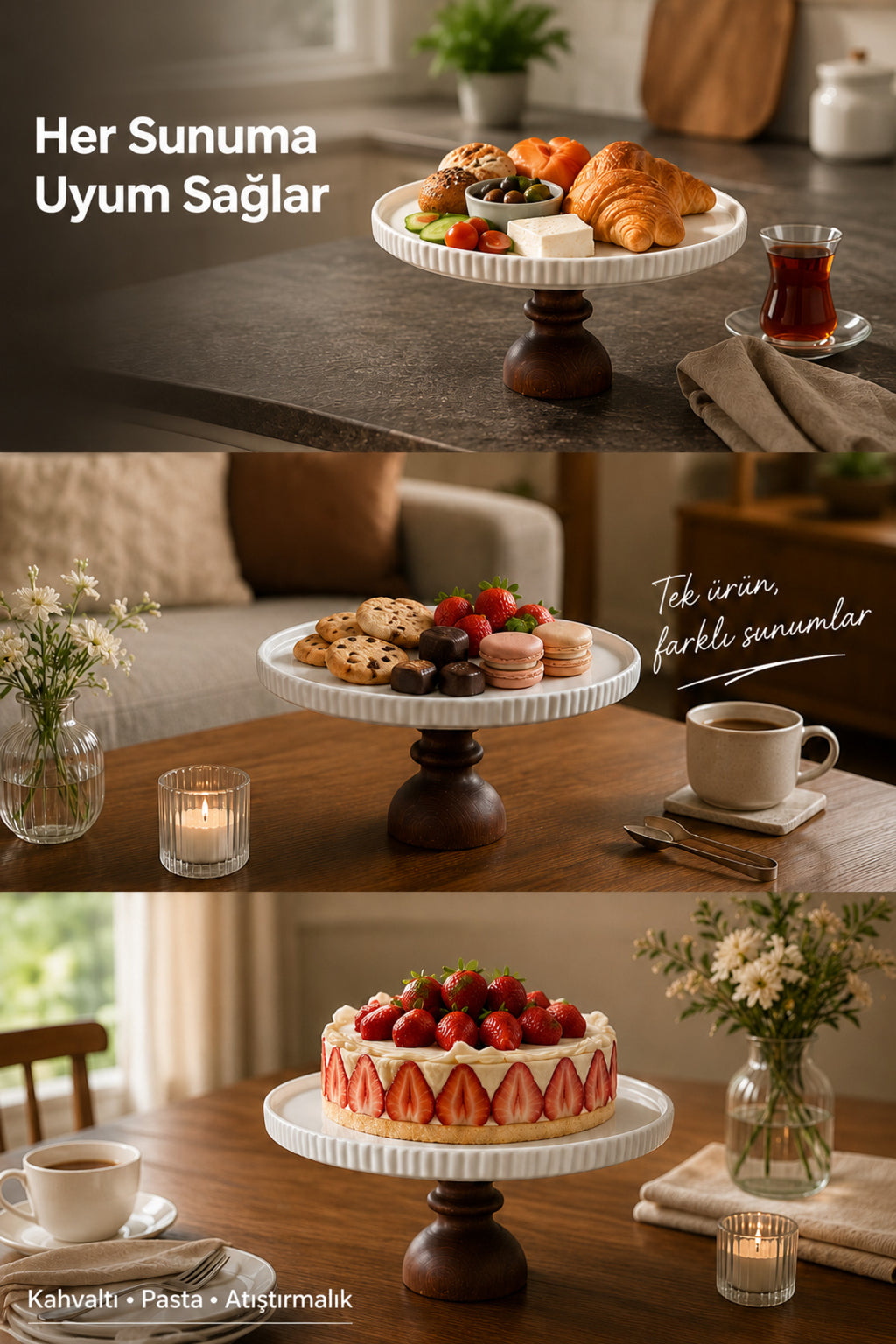 Ahşap Ayaklı Porselen Sunumluk Pasta Standı Sunum Tabağı Kek Fanusu Tablası 24 cm