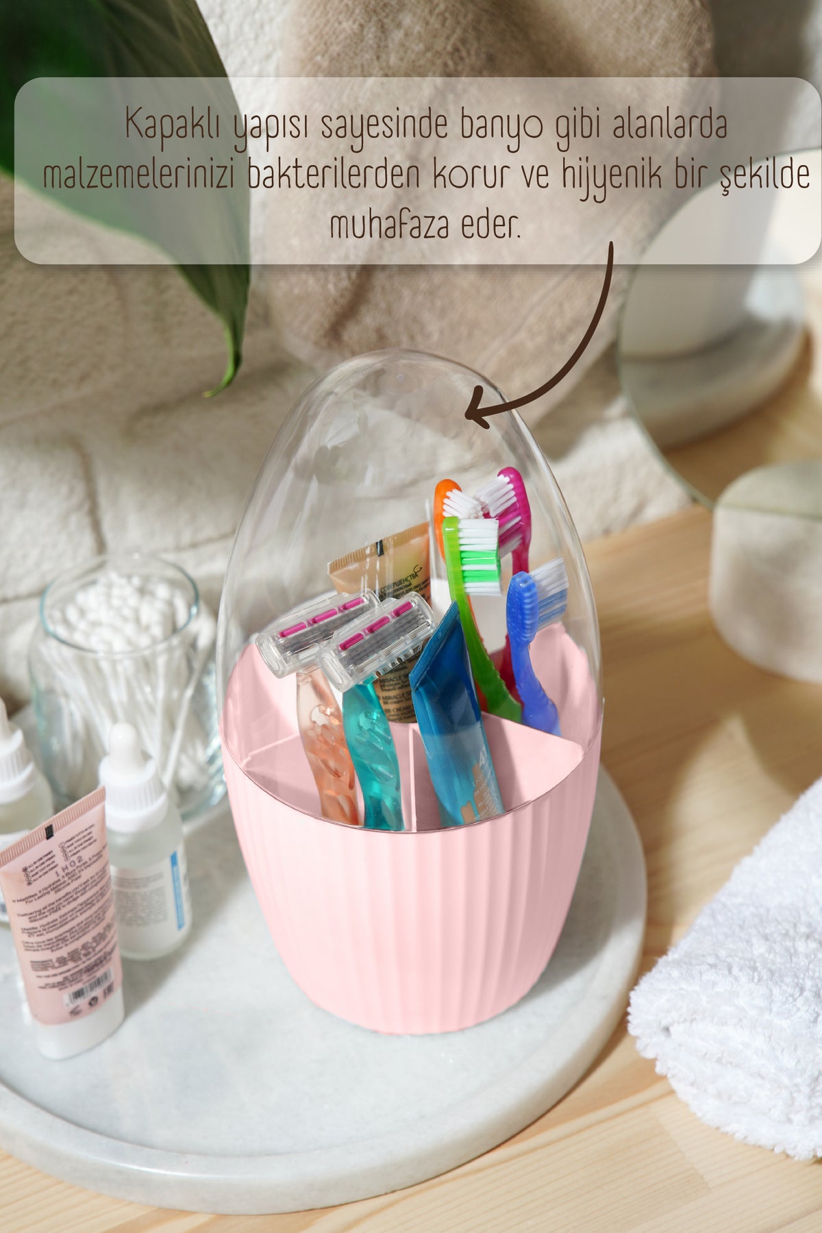 2'li Fanus Kapaklı 7 Bölmeli Makyaj Organizeri Pembe