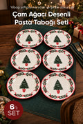 6'lı Yılbaşı Çam Ağacı Desenli Pasta Tabağı 19 cm Tatlı Sunum Servis Tabağı Kırmızı Beyaz 6 Kişilik