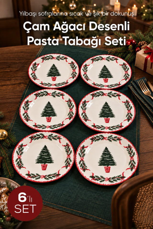6'lı Çam Ağacı Desenli Pasta Tabağı 19 cm