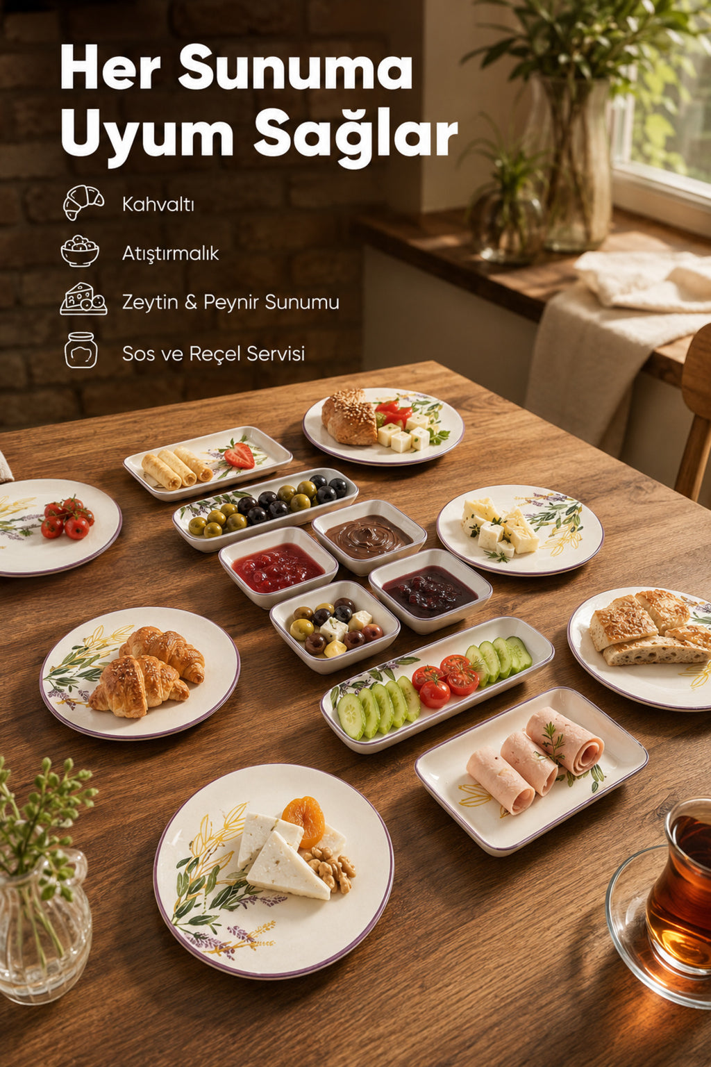 14 Parça 6 Kişilik Lavanta Desen Seramik Kahvaltı Takım Seti