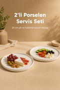 2 Parça 24 cm Porselen Servis Tabağı Seti - Modern Çizgili Yuvarlak Sunum Tabağı