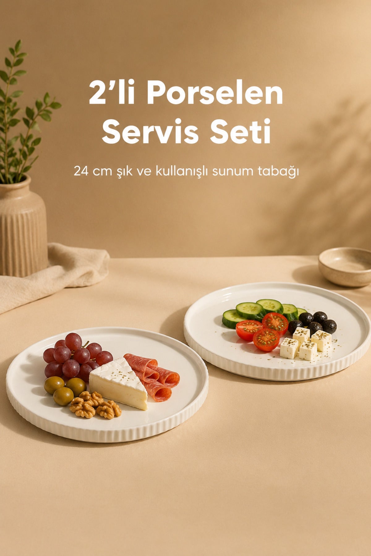 2 Parça 24 cm Porselen Servis Tabağı Seti - Modern Çizgili Yuvarlak Sunum Tabağı