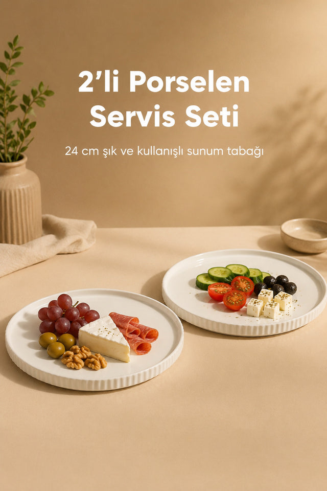 2'li Çizgili Porselen Servis Tabağı 24 cm