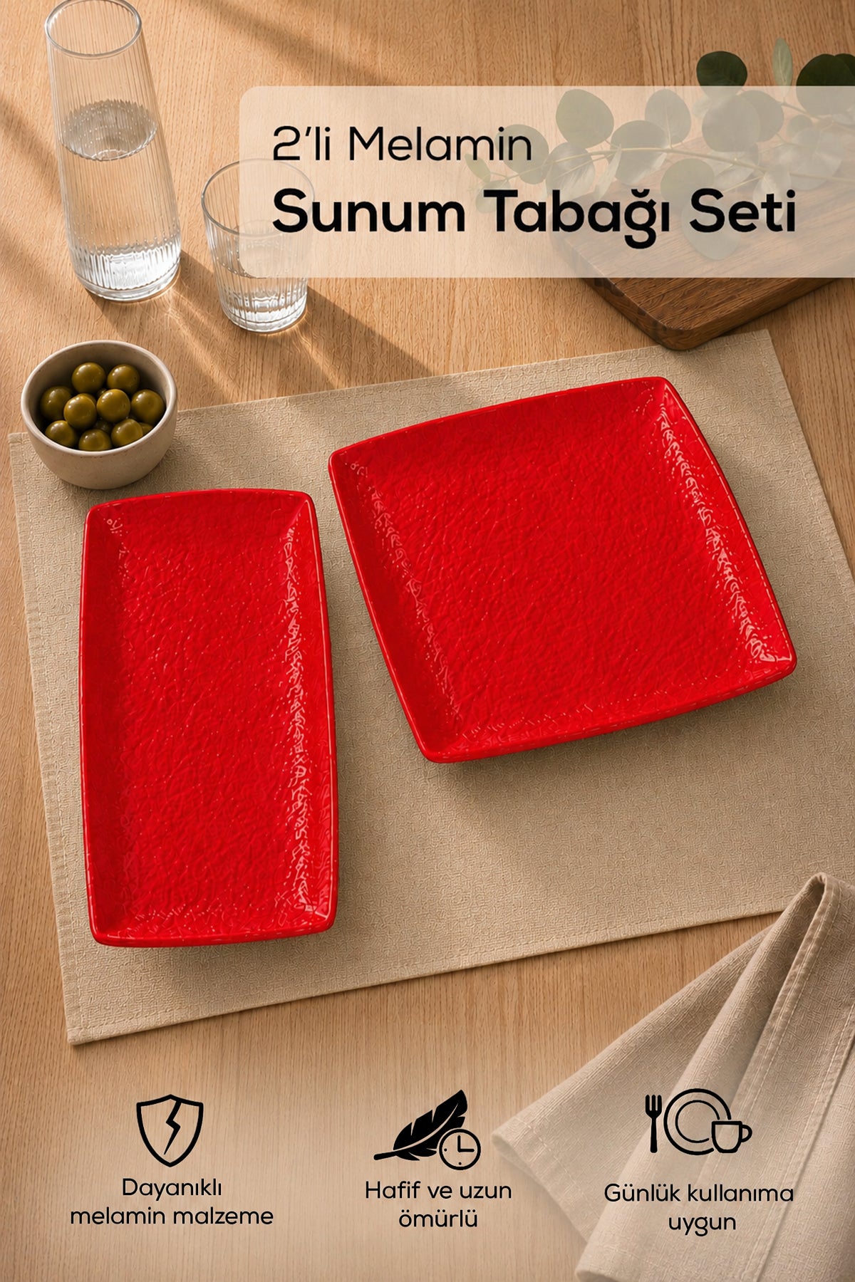 2 Adet Melamin Sunum Tabağı Seti, Sunum Tabağı,Servis Tabağı-Desenli Kırılmaz Servis Tabağı- Kırmızı