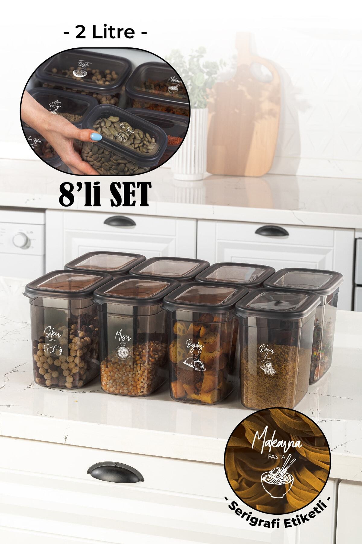 Beyaz Serigrafi Etiketli 8li Set Peggy Şeffaf Kapaklı Uzun Dikdörtgen Saklama Kabı 2 Litre