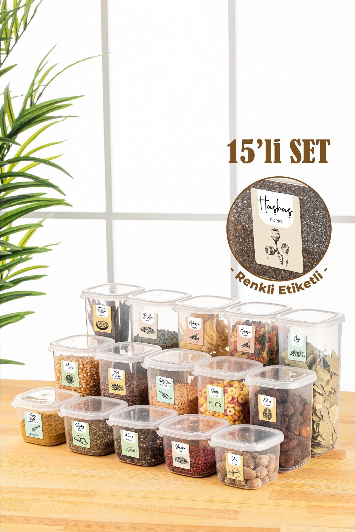 Renkli Etiketli 15li Peggy Kare Erzak Saklama Kabı 5x(0,55 Litre, 1,2 Litre, 1,75 Litre) Beyaz