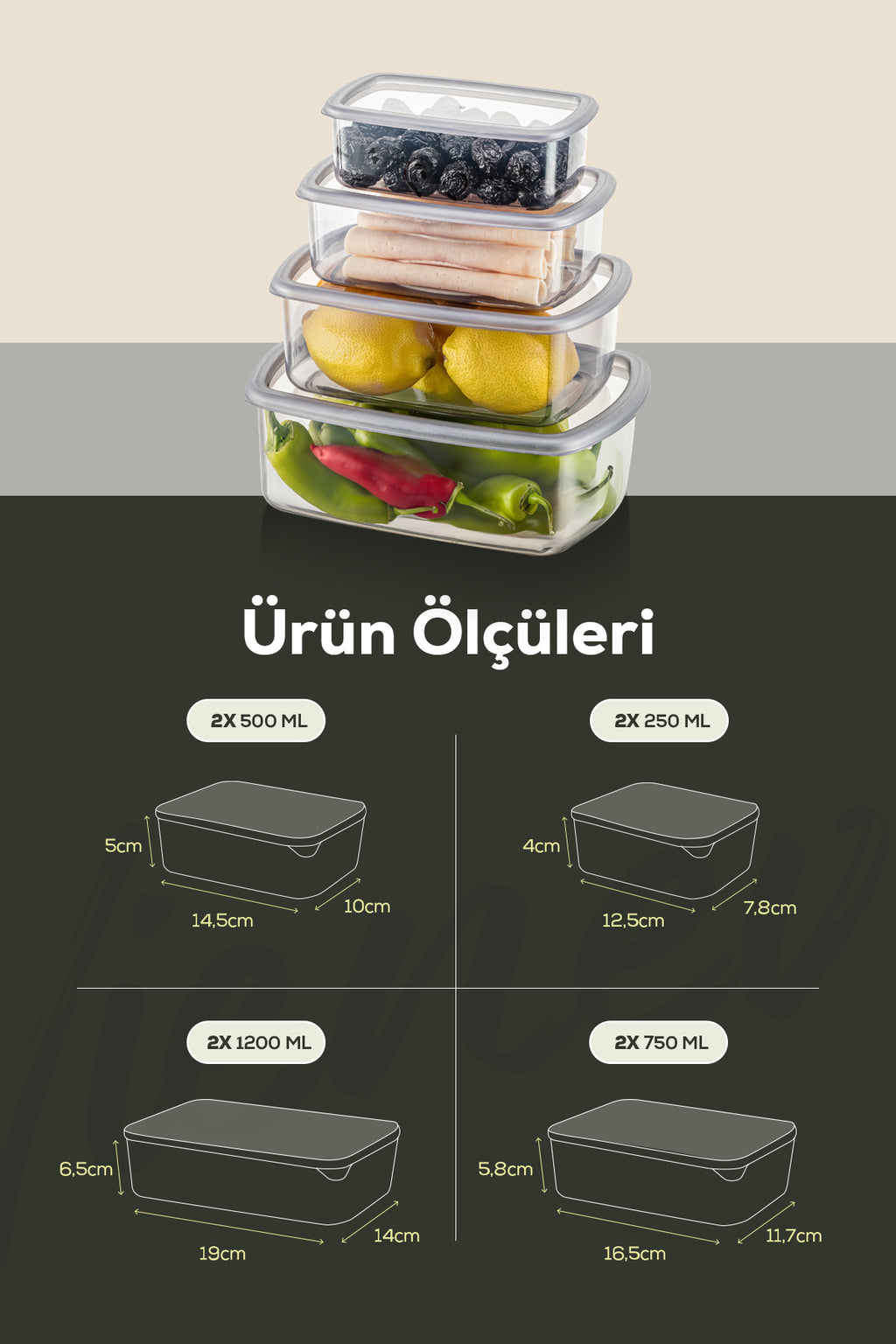 8'li Hava Geçirmez Saklama Kabı Seti Antrasit 2x(250-500-750-1200 ML)