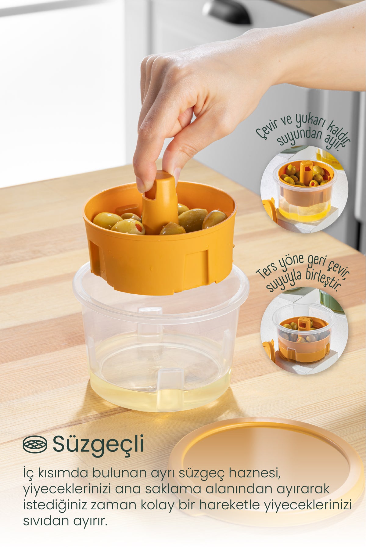 Sunumluk Zeytin Turşu Peynir Çok Amaçlı Süzgeçli Saklama Kabı Sarı