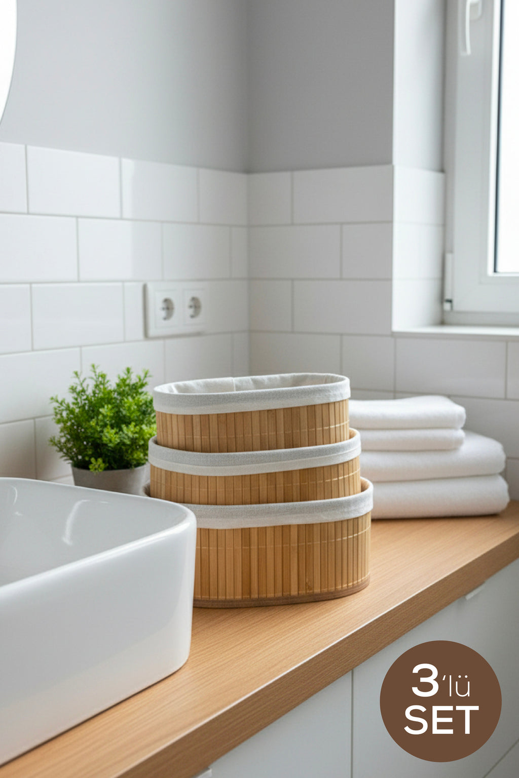 3'lü Set Oval Bambu Organizer Sepet | Banyo Mutfak Dolap İçi