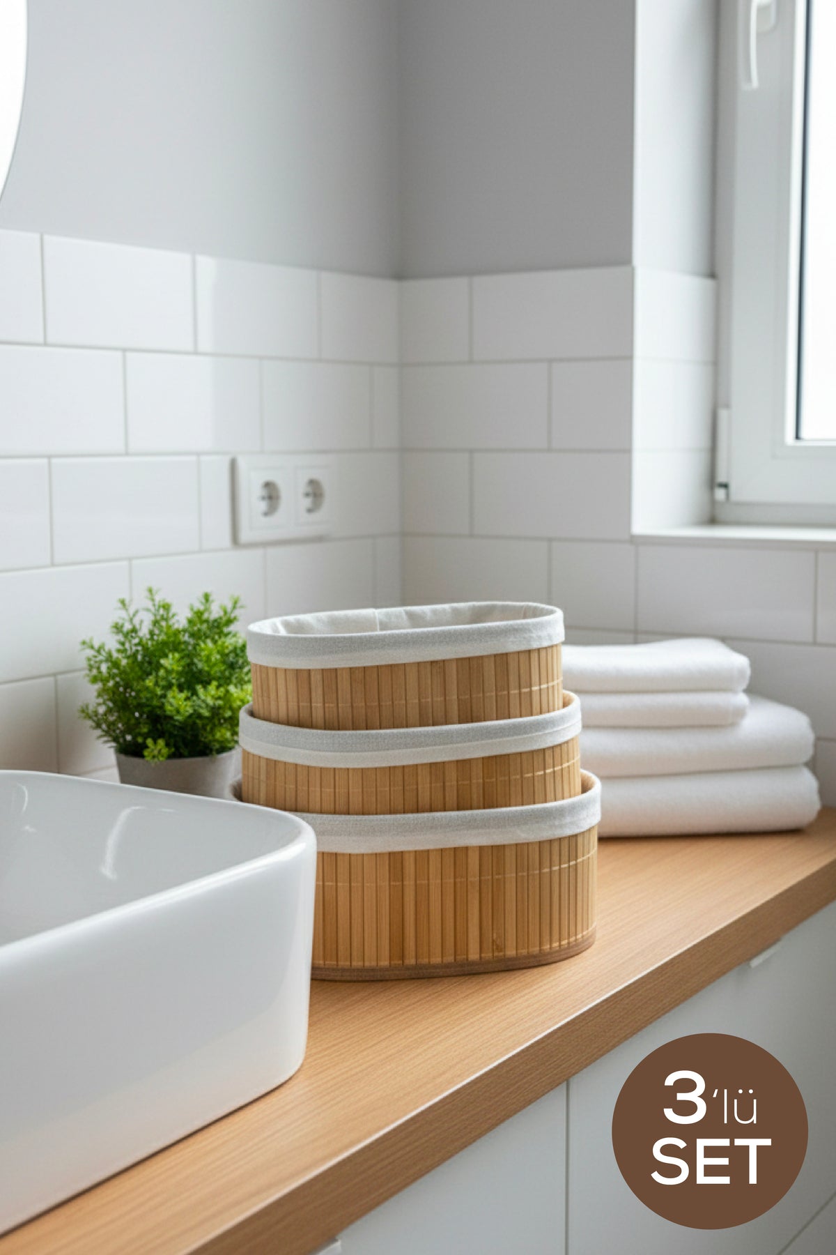 3'lü Set Oval Bambu Organizer Sepet | Banyo Mutfak Dolap İçi
