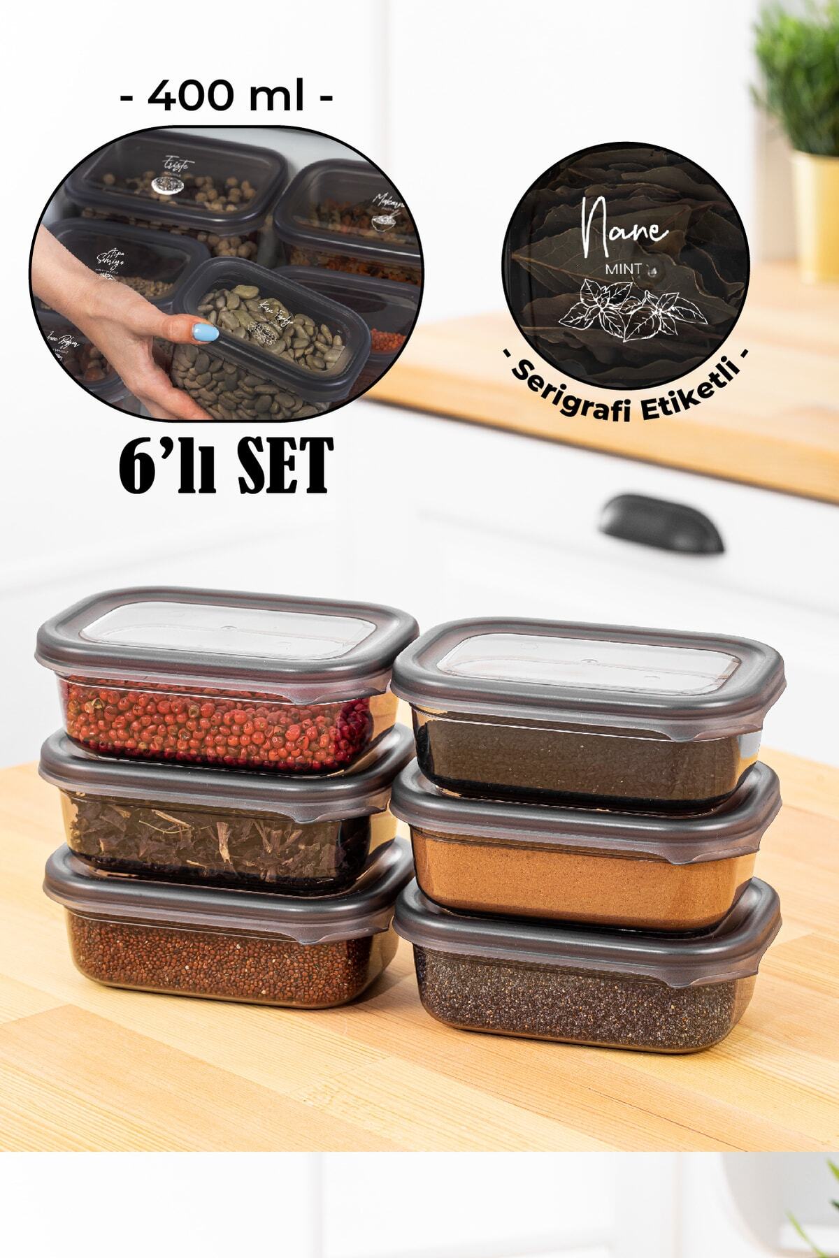 Beyaz Serigrafi Etiketli 6lı Peggy Dikdörtgen Baharat Saklama Kabı Seti 400 Ml Antrasit Çok Renkli