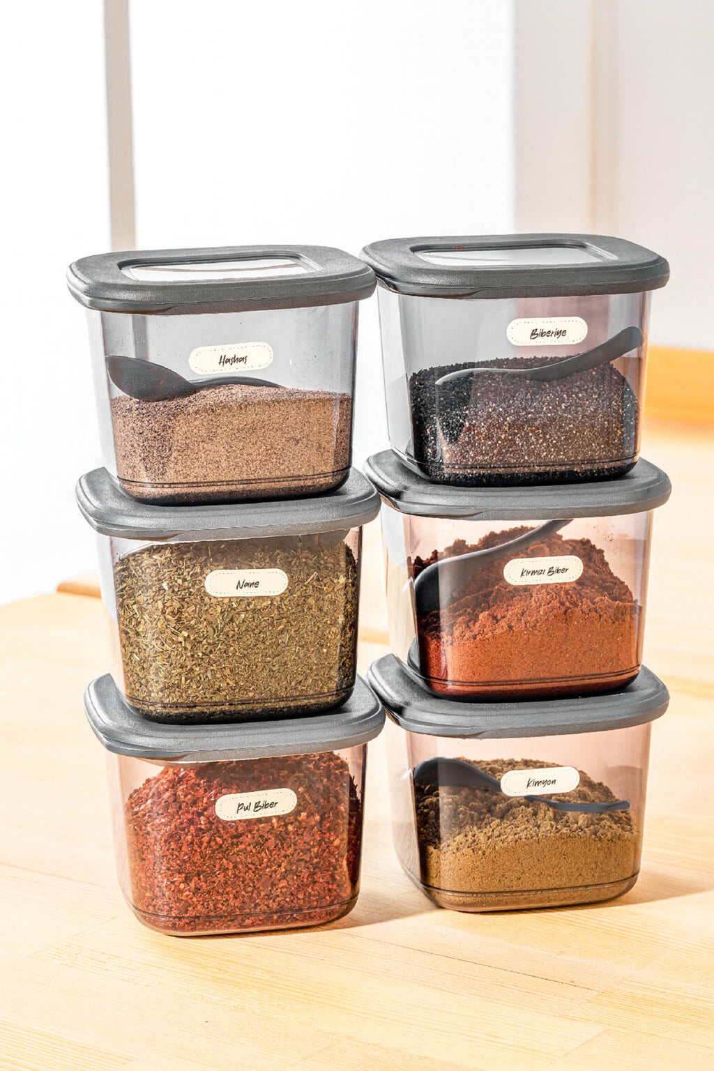 Etiketli Kaşıklı Kare Erzak Saklama Kabı 6'lı Set Küçük Boy 0,55 Litre Antrasit