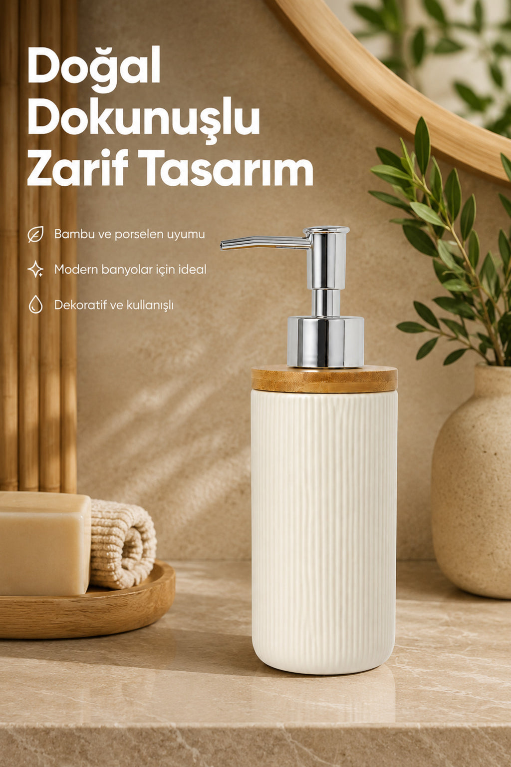 Bambu Kapaklı Çizgili Porselen Sıvı Sabunluk 350 ml Bej