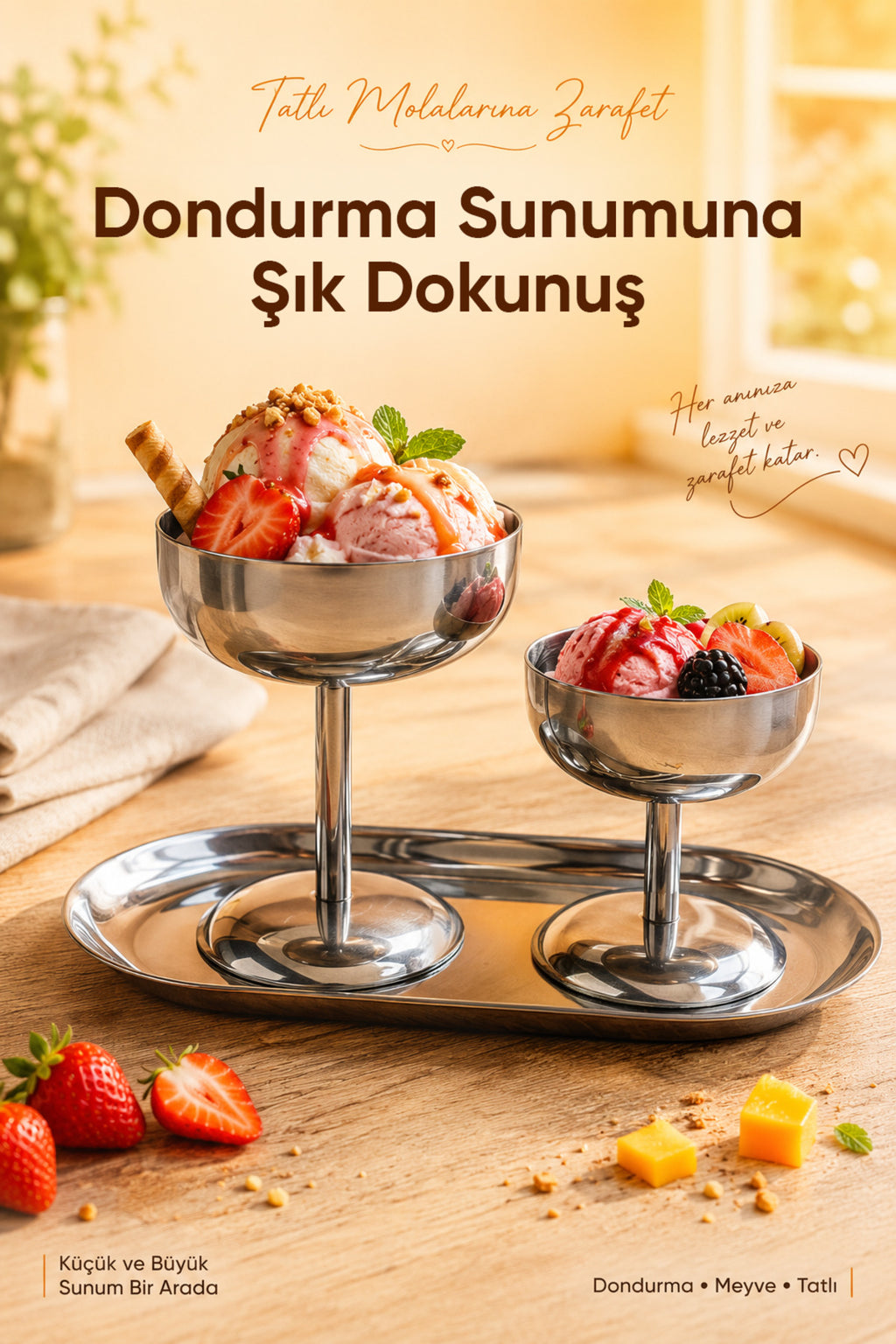 3'lü Set Gümüş Renk Metal Dondurmalık Seti (2x Geniş Kısa ve Geniş Uzun Kase 1x Kayık Tabak) - Şık Sunum ve Tatlı Kase