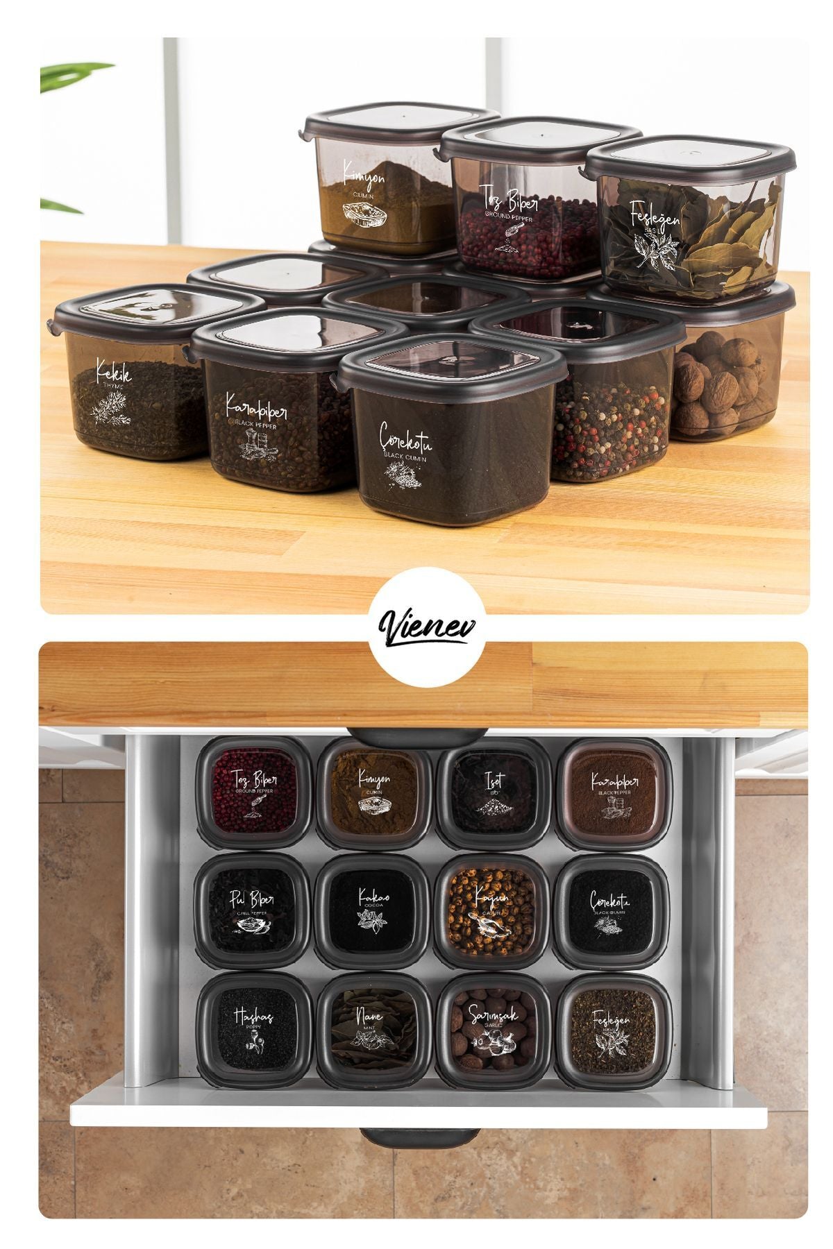 15'li Etiketli Kaşıklı Baharat Saklama Kabı Seti Çeyiz Paketi Full Set 5x(0,40, 0,45, 0,55 L)