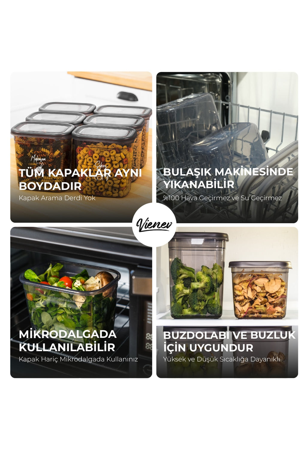 Beyaz Serigrafi Etiketli 6lı Set Peggy Dikdörtgen Saklama Kabı 1,3 Litre Antrasit