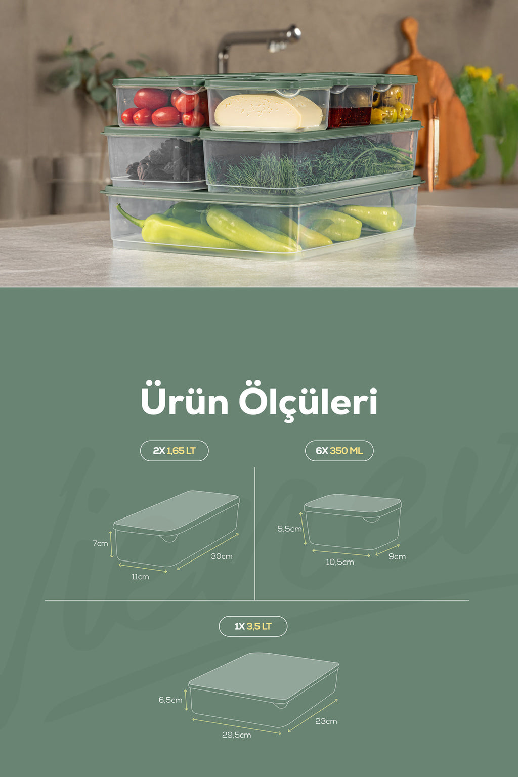 9'lu Buzdolabı Dondurucu Organizer Ve Saklama Kabı Yeşil 6x(350ML) 2x(1,65LT) 1x(3,5LT)