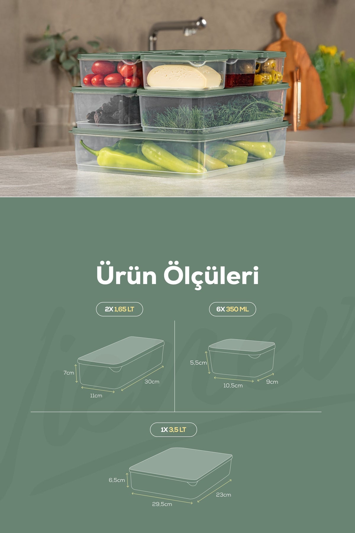 9'lu Buzdolabı Dondurucu Organizer Ve Saklama Kabı Yeşil 6x(350ML) 2x(1,65LT) 1x(3,5LT)