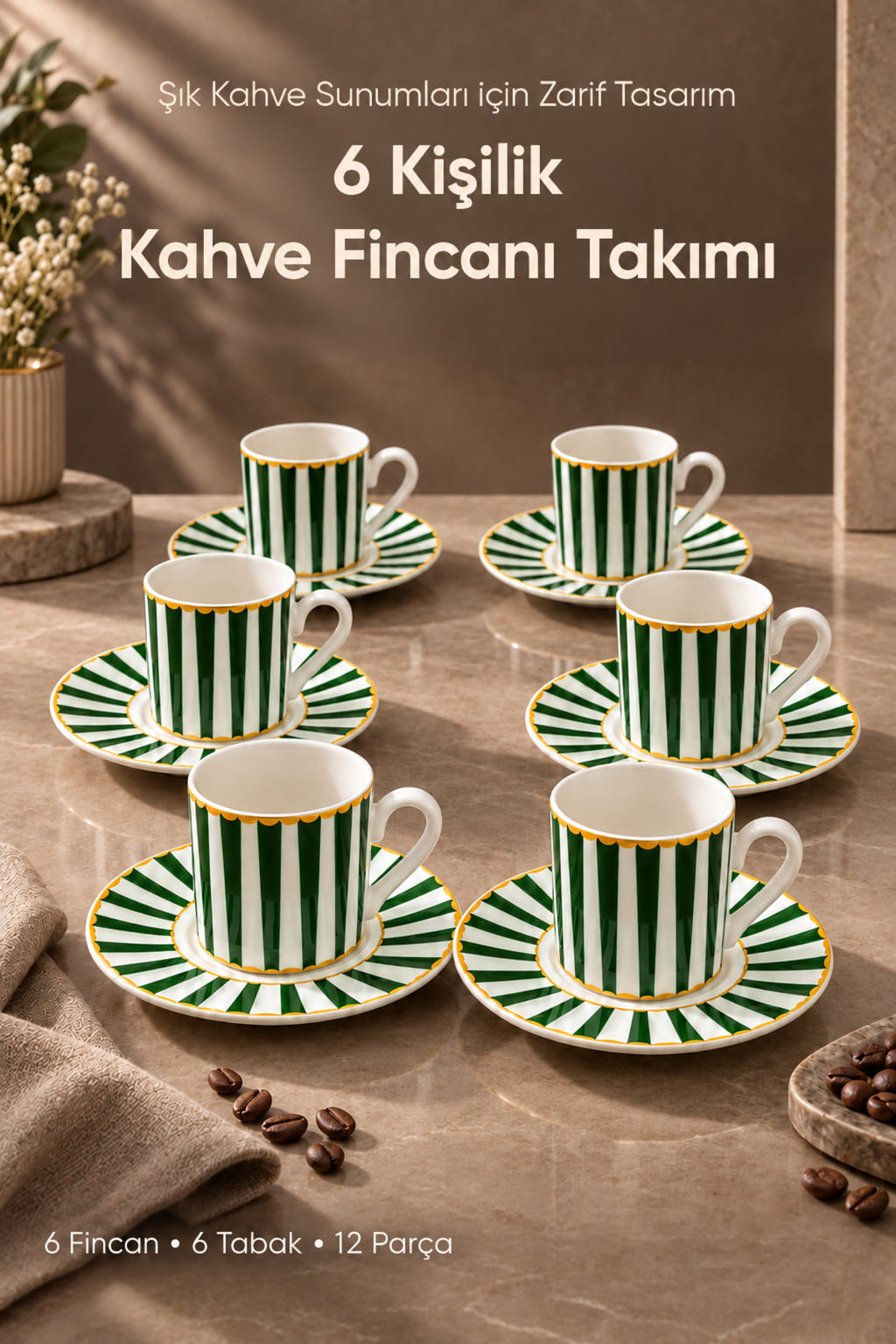6 Kişilik Yeşil Çizgili Porselen Kahve Fincanı Takımı 12 Parça Altın Yaldız Detaylı Şık Sunum Seti