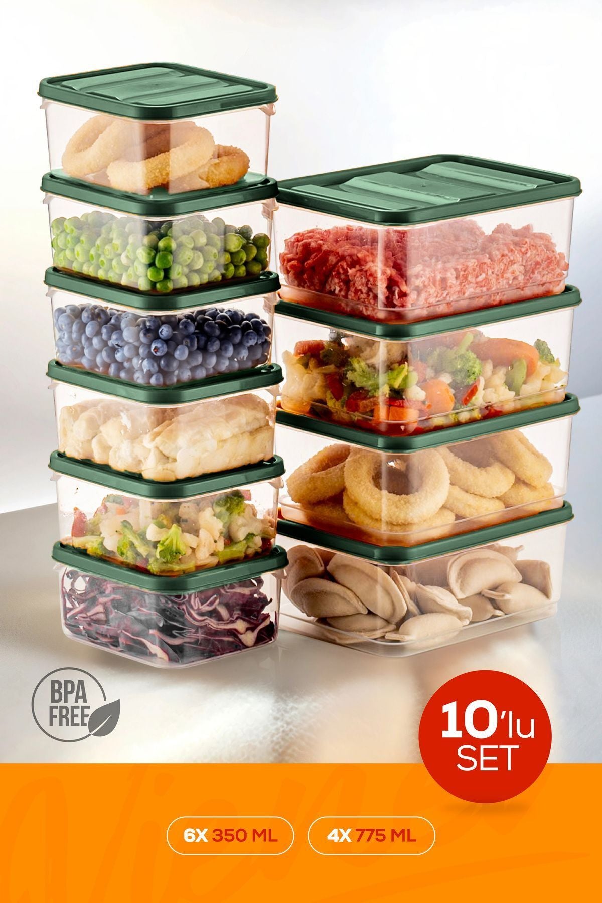 10'lu Buzdolabı Düzenleyici Organizer Mikrodalgaya Uygun Difriz Saklama Kabı Yeşil
