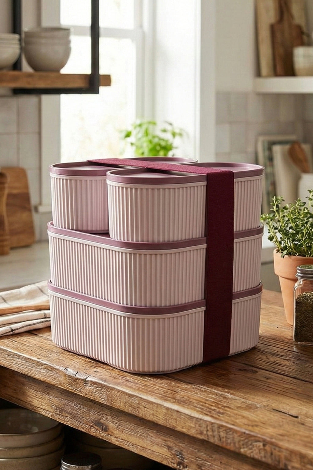 4'lü Elastik Bantlı İstiflenebilir Pratik Saklama Kabı Seti 2x(1100 ml) 2x(2400 ml) Pembe