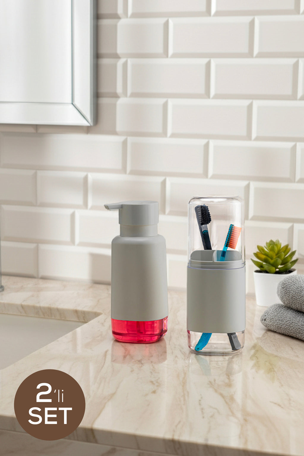 Modern Diş Fırçalık ve Sıvı Sabunluk Bej 500 ml | Banyo Seti