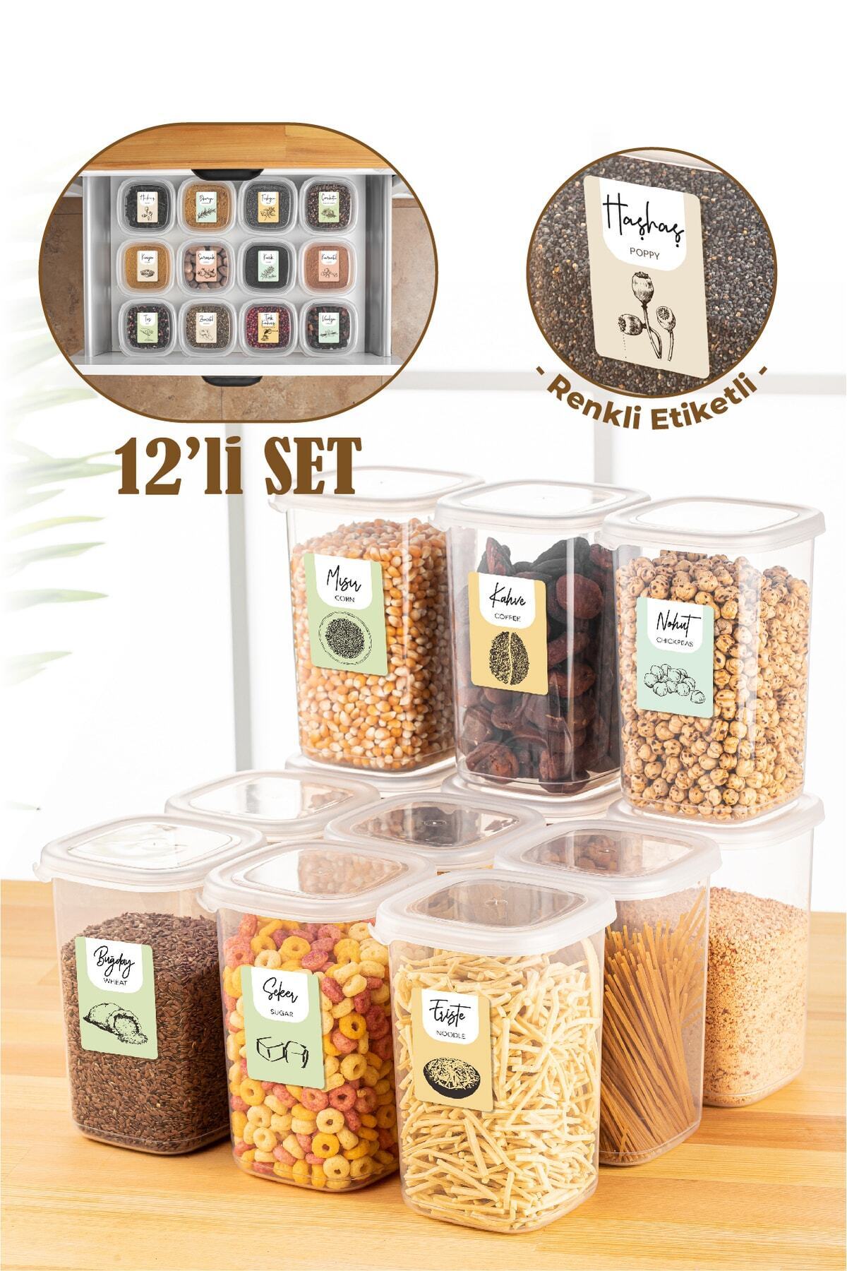 Renkli Etiketli 12li 1,2 Litre Peggy Kare Erzak Saklama Kabı Beyaz