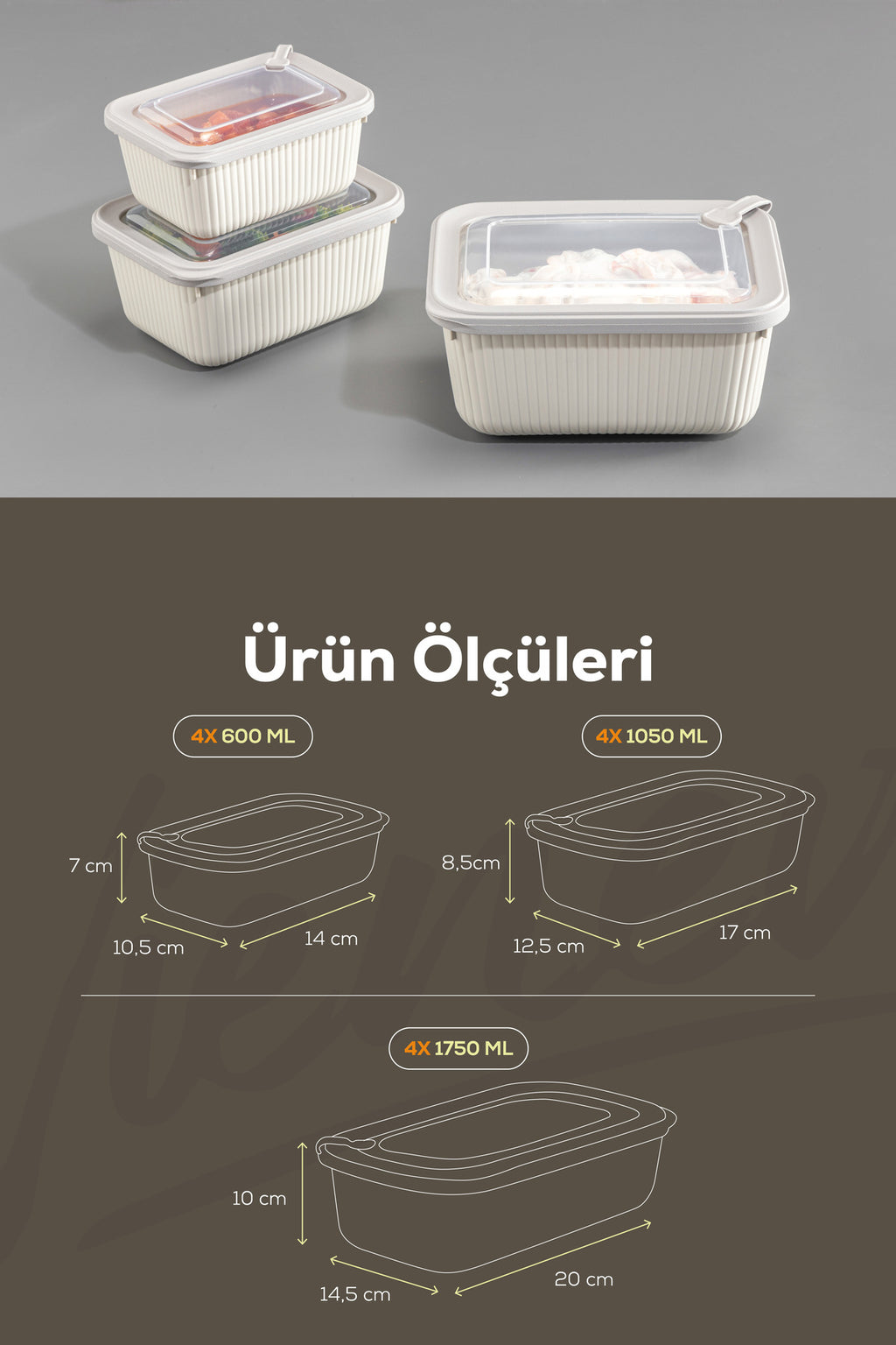 12'li Vip Dikdörtgen Mikrodalga Ve Difrize Uygun Saklama Kabı Seti Bej 4x(1750,1050,600 ml)
