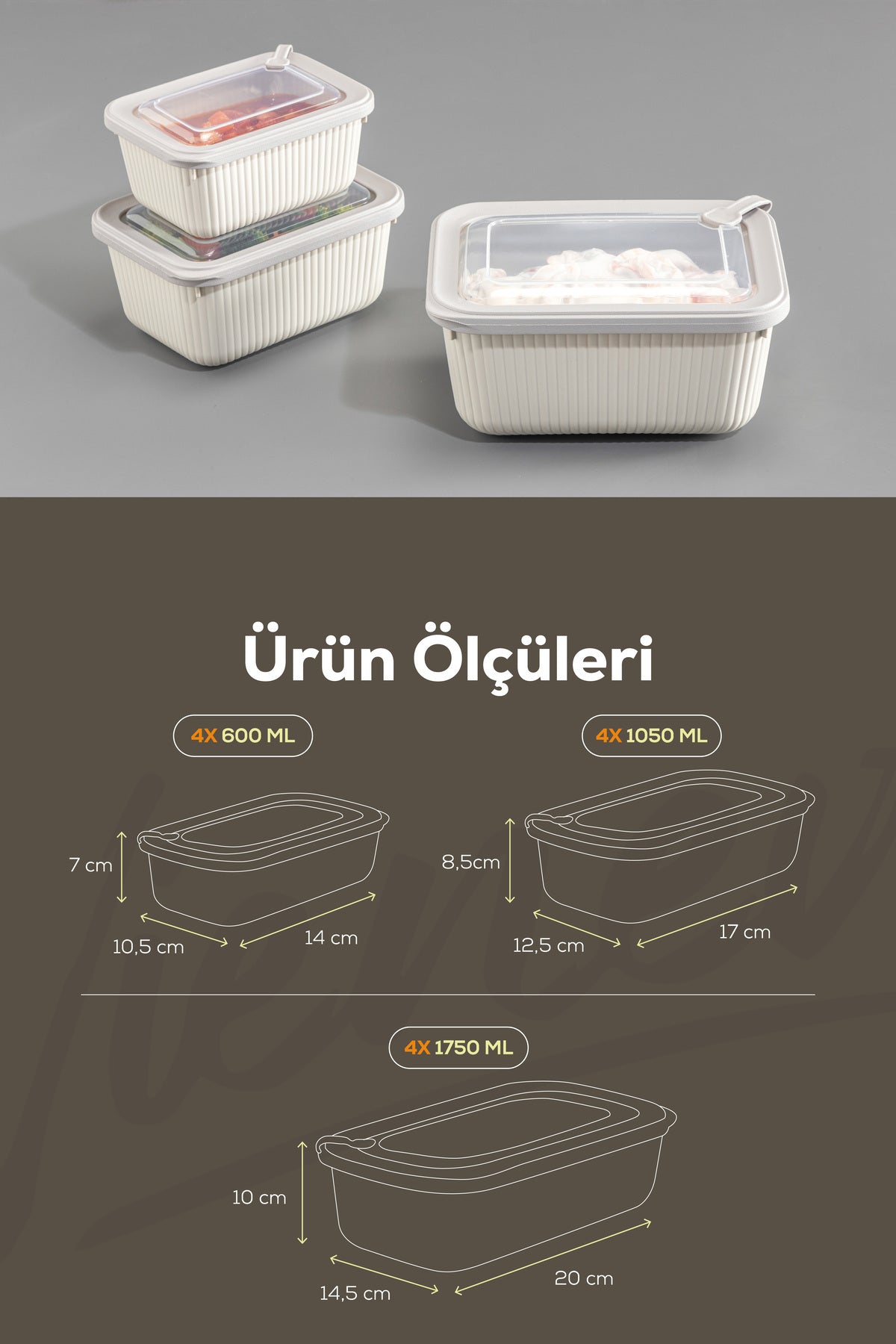 12'li Vip Dikdörtgen Mikrodalga Ve Difrize Uygun Saklama Kabı Seti Bej 4x(1750,1050,600 ml)