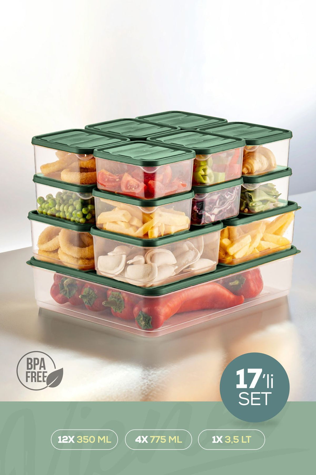 17'li Buzdolabı Düzenleyici Organizer Mikrodalgaya Uygun Difriz Saklama Kabı Yeşil