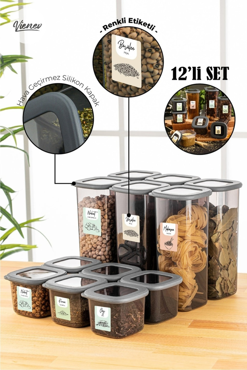 Renkli Etiketli 12li Foly Kare Erzak Saklama Kabı 6x(0,55 Litre, 1,75 Litre) Antrasit