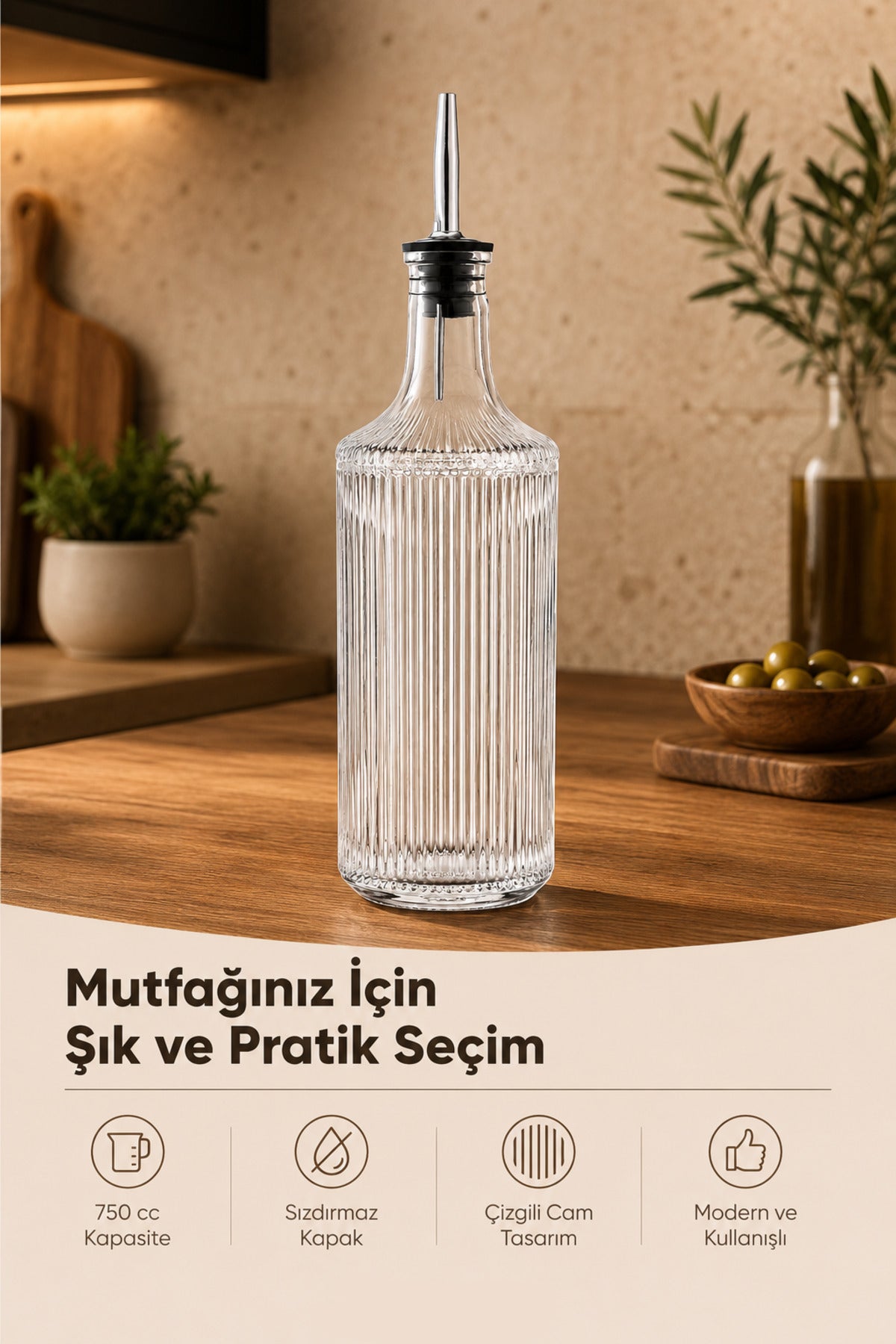 2’li Çizgili Cam Yağdanlık Seti 750 cc Yağ Sirke Şişesi Sızdırmaz