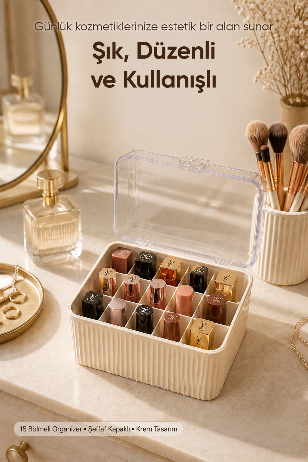 15 Bölmeli Organizer Şeffaf Kapaklı Makyaj Kozmetik Ruj Gloss Düzenleyici Çok Amaçlı Saklama Kutusu