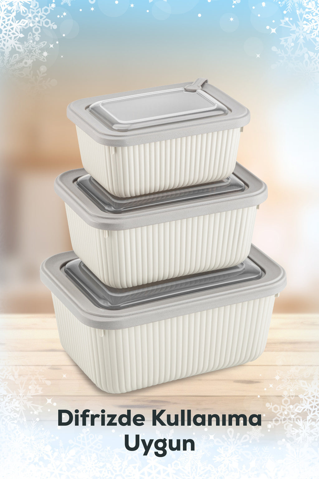 12'li Vip Dikdörtgen Mikrodalga Ve Difrize Uygun Saklama Kabı Seti Bej 4x(1750,1050,600 ml)