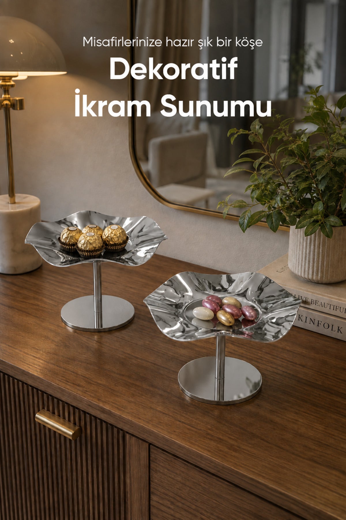 2'li Gümüş Renk Dalgalı Metal Sunum Standı - Şık ve Dekoratif İkramlık Standı