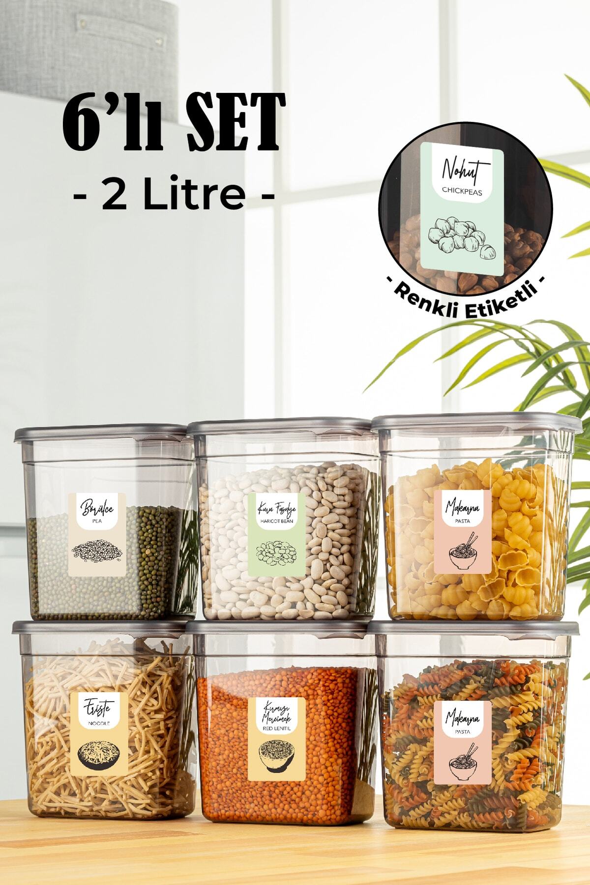 Renkli Etiketli 6lı Set Peggy Dikdörtgen Saklama Kabı 2 Litre Antrasit