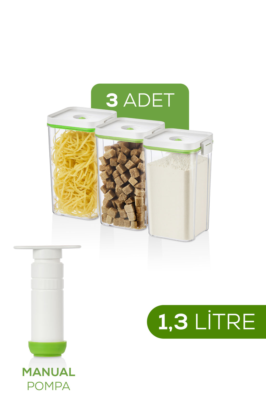 4'lü Vakumlu Saklama Kabı Seti | 3x 1,3 Litre Kap + Manuel Pompa