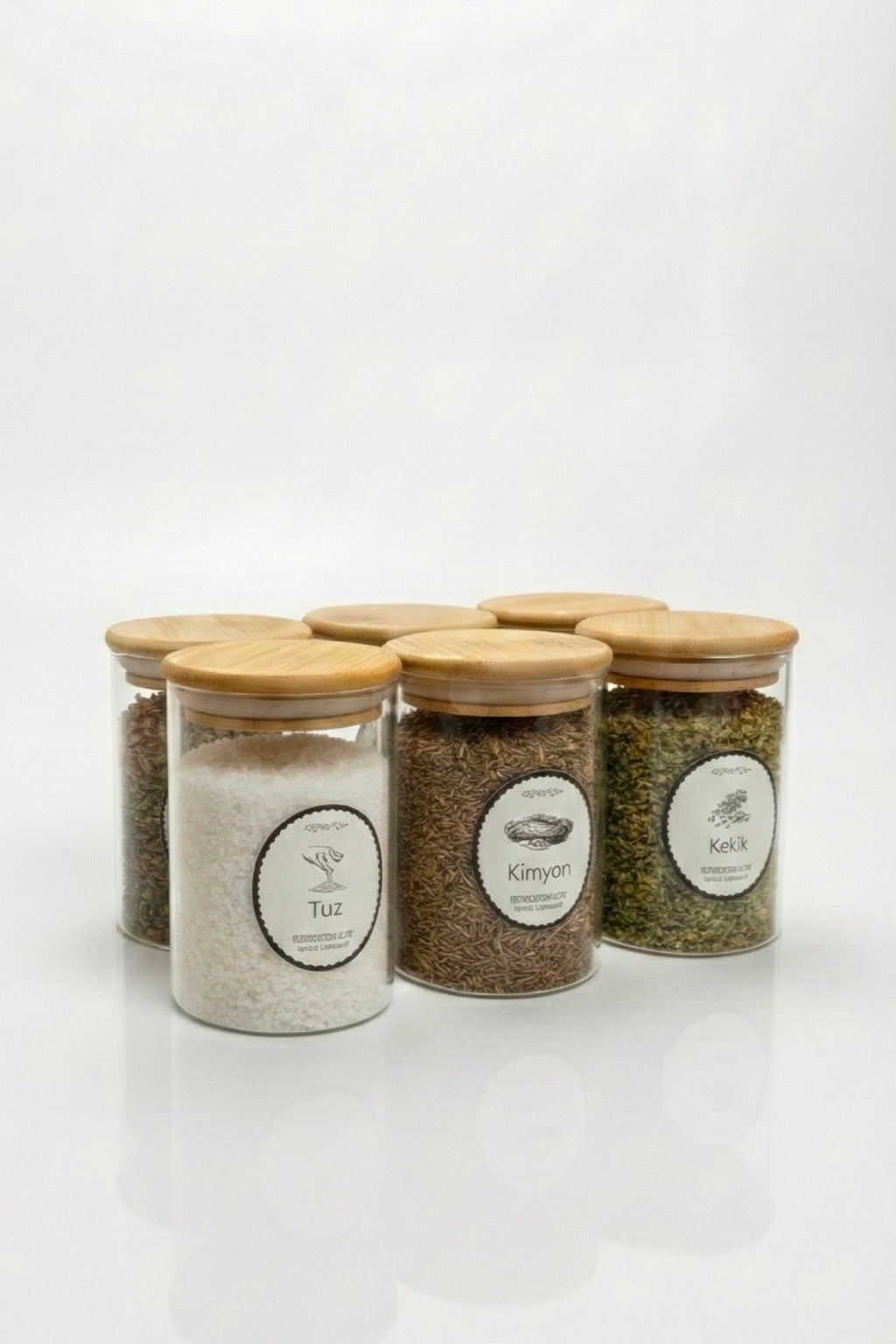 6'lı Set Bambu Kapaklı Cam Kavanoz 280 ml - Etiketli Baharat Düzenleyici Saklama Kabı (6,5x10 cm)