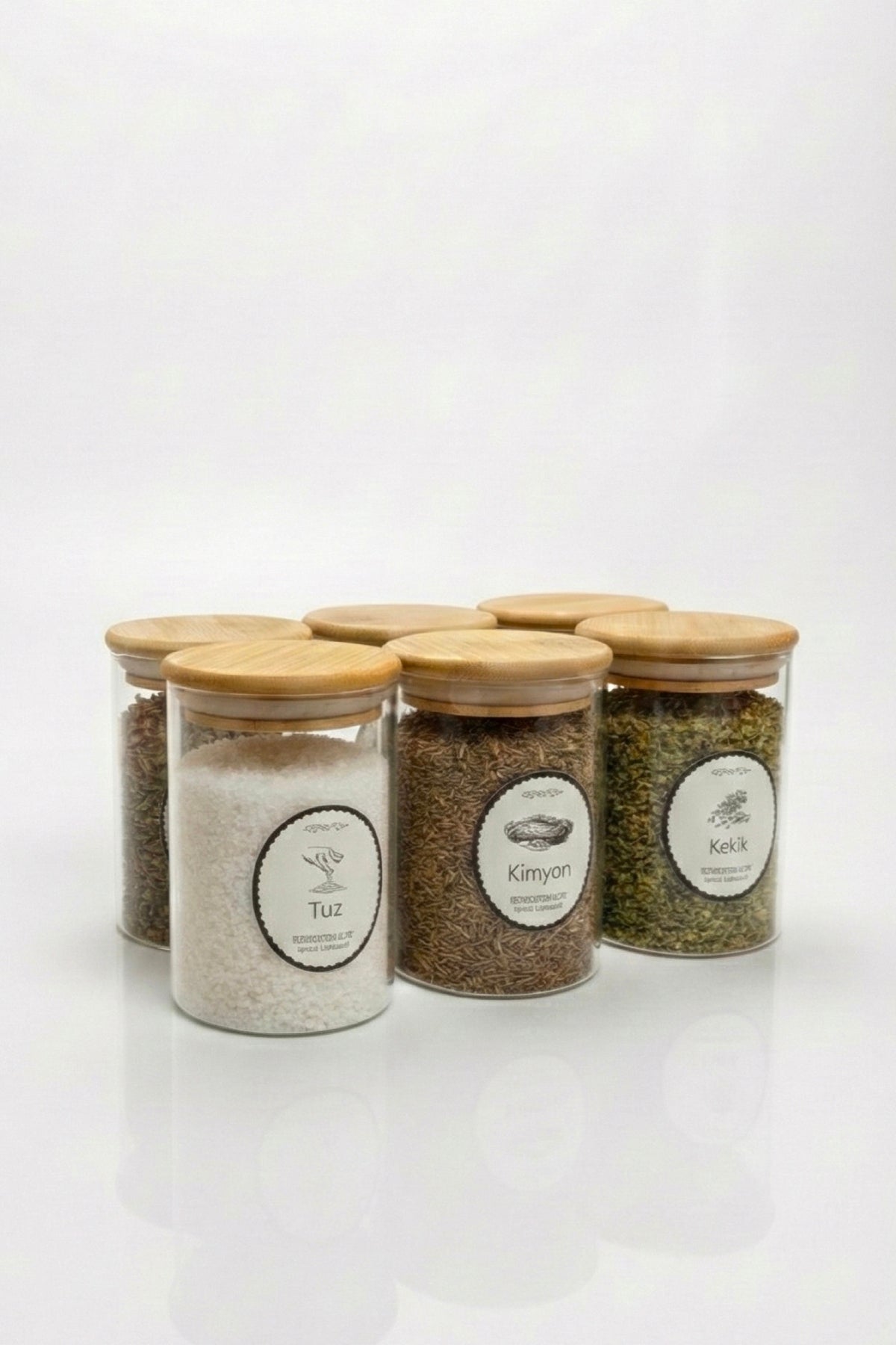 6'lı Set Bambu Kapaklı Cam Kavanoz 280 ml - Etiketli Baharat Düzenleyici Saklama Kabı (6,5x10 cm)