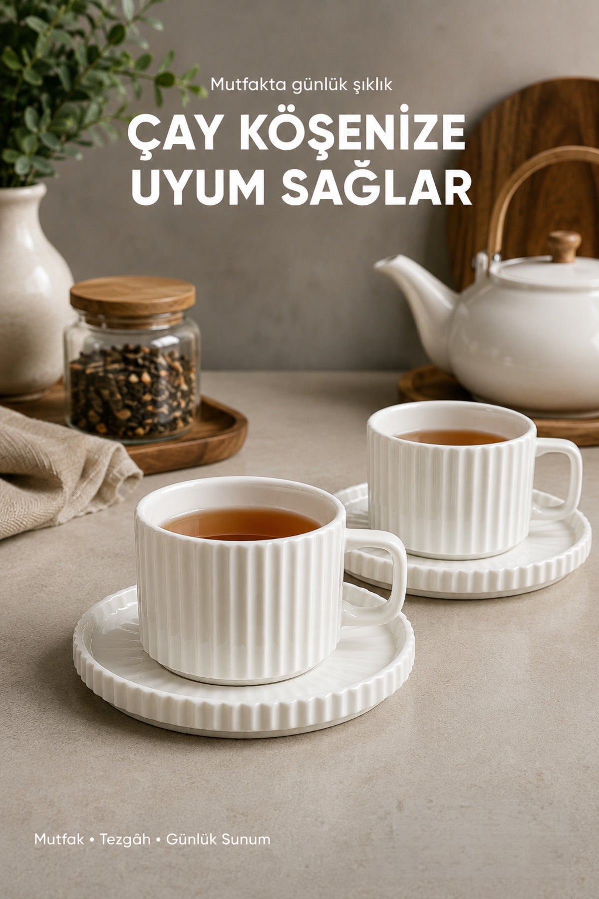 2 Kişilik Çizgili Beyaz Porselen Çay Fincanı Seti 220 ml Tabaklı Şık Çay Fincan Takımı