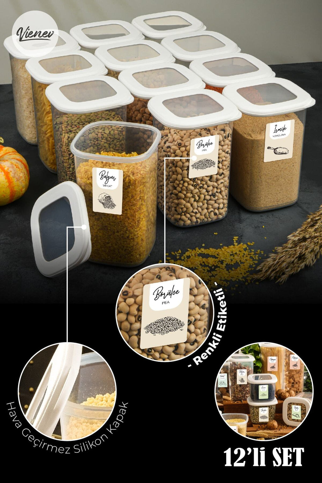 Renkli Etiketli Kare Erzak Saklama Kabı 12li Set 1,2 Litre Beyaz