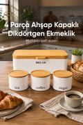 Dikdörtgen Ahşap Kapaklı Metal Ekmek Kutusu Ve 3lü Yuvarlak Çay Kahve Şeker Saklama Kabı Seti Beyaz