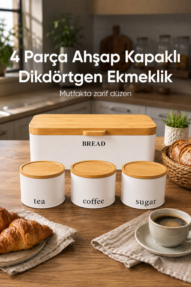 Dikdörtgen Ekmek Kutusu ve Çay Kahve Şeker Seti Beyaz