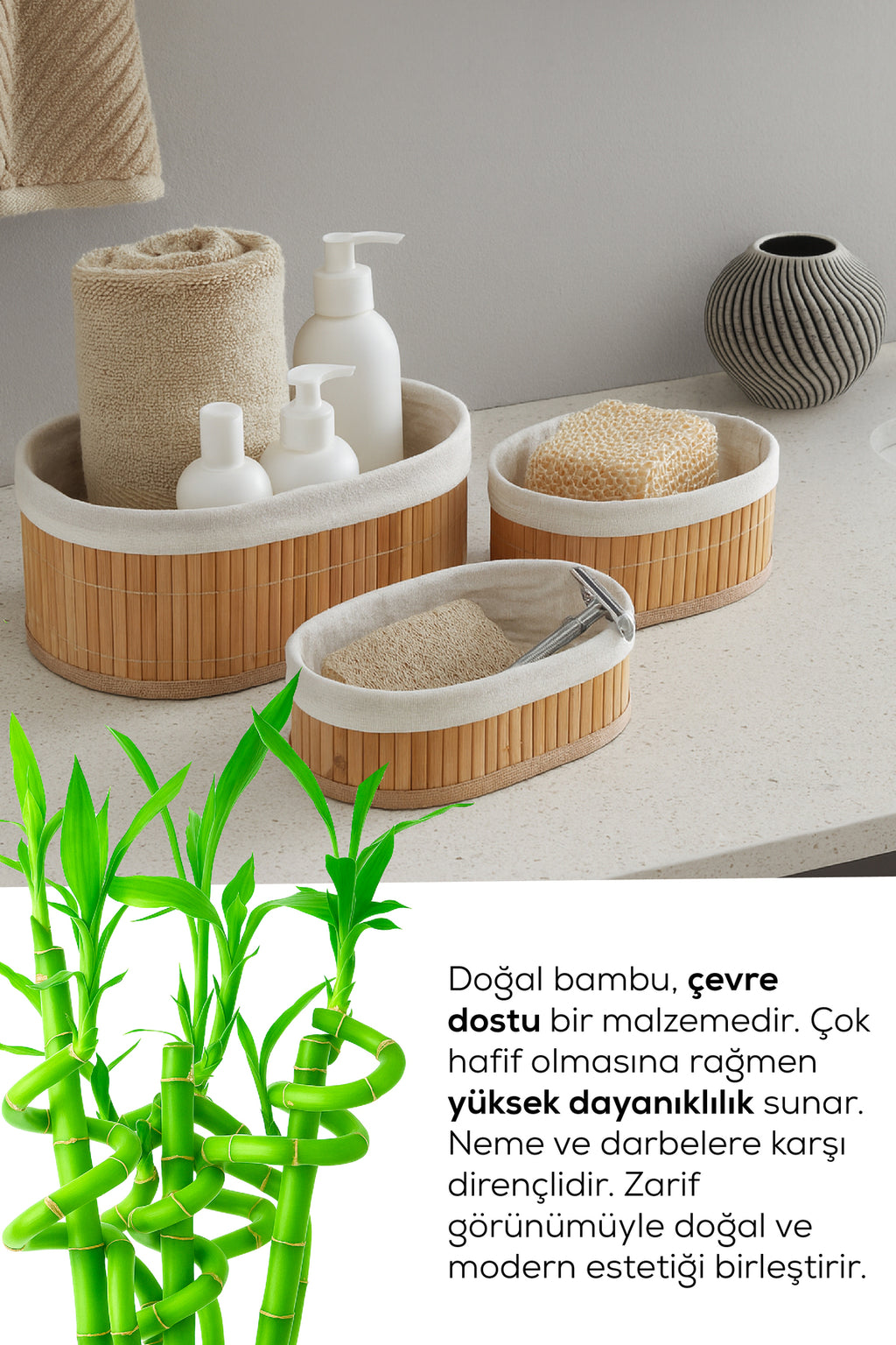 Bambu Hasır Oval 3'lü Organizer Sepet Seti - Çok Amaçlı Düzenleyici