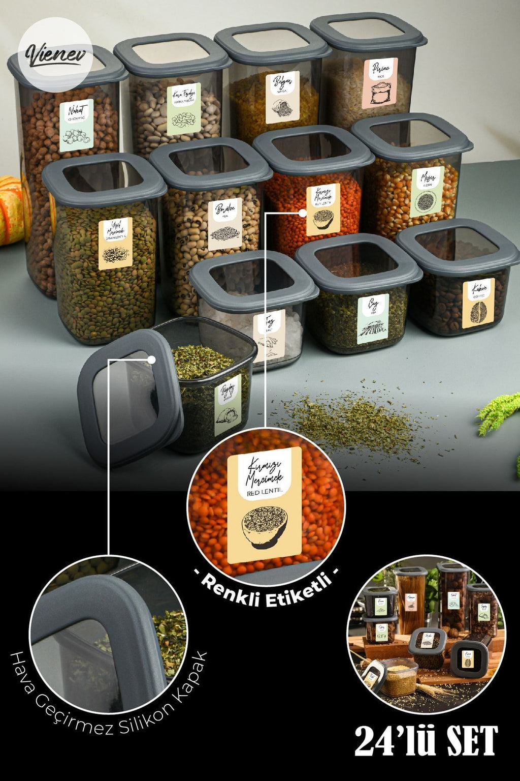 Renkli Etiketli 24lü Foly Kare Erzak Saklama Kabı 8x(0,55 Litre, 1,2 Litre, 1,75 Litre) Antrasit