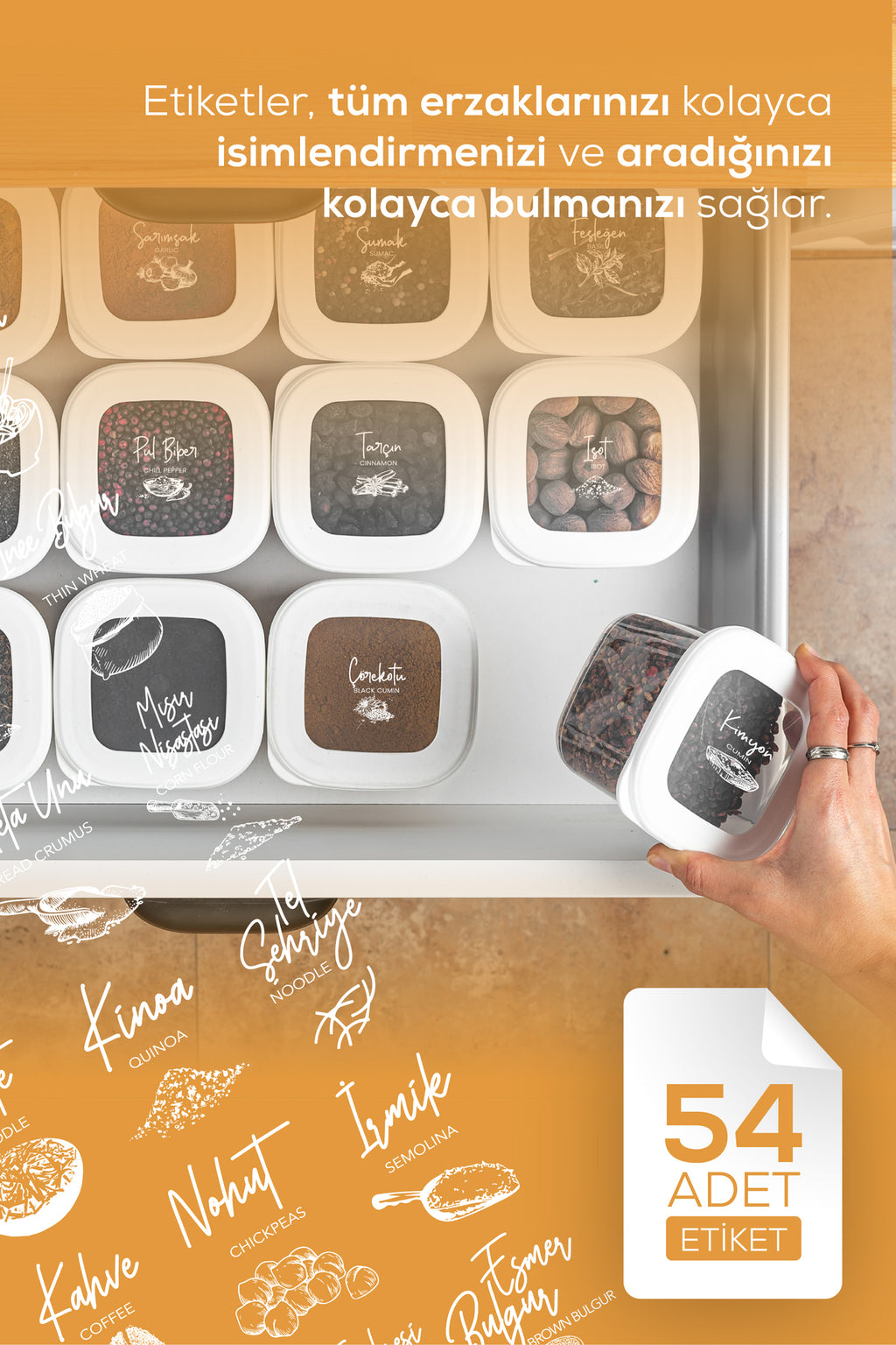 Silikon Kapak 8'li Set 2 Lt Bakliyat Saklama Kabı Etiketli Beyaz