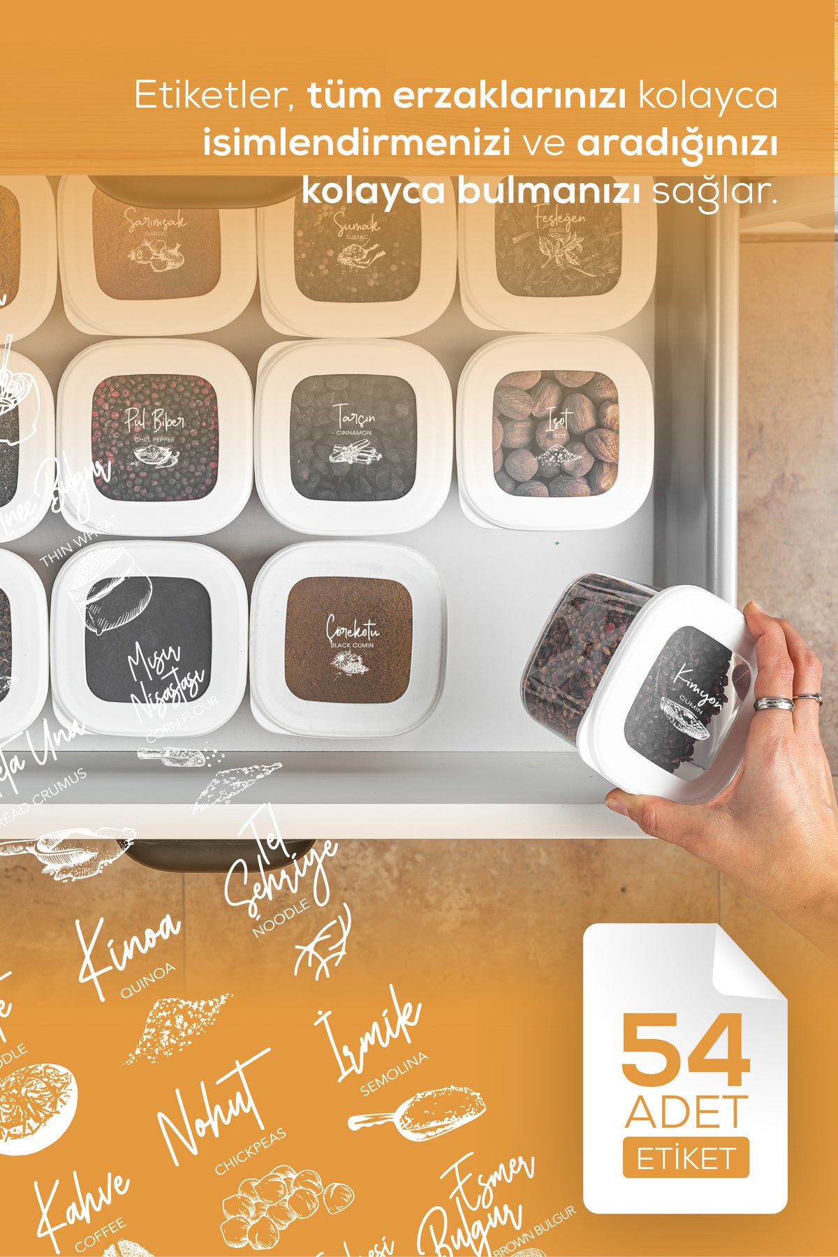 Silikon Kapak 8'li Set 2 Lt Bakliyat Saklama Kabı Etiketli Beyaz